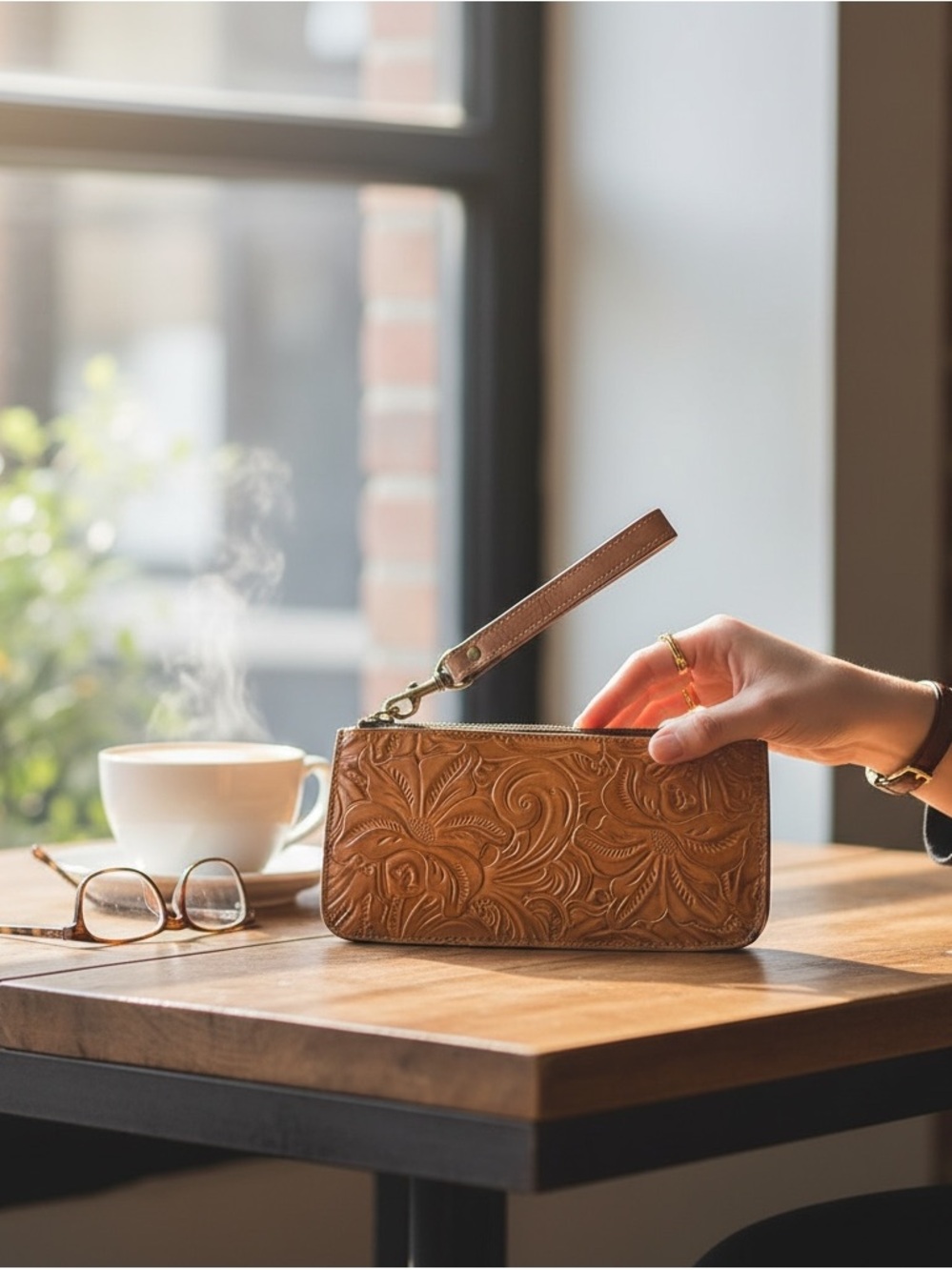 Patricia Nash Tooled Leather Wristlet Floral Western Boho Clutch Tan Brown - Picture 4 of 7